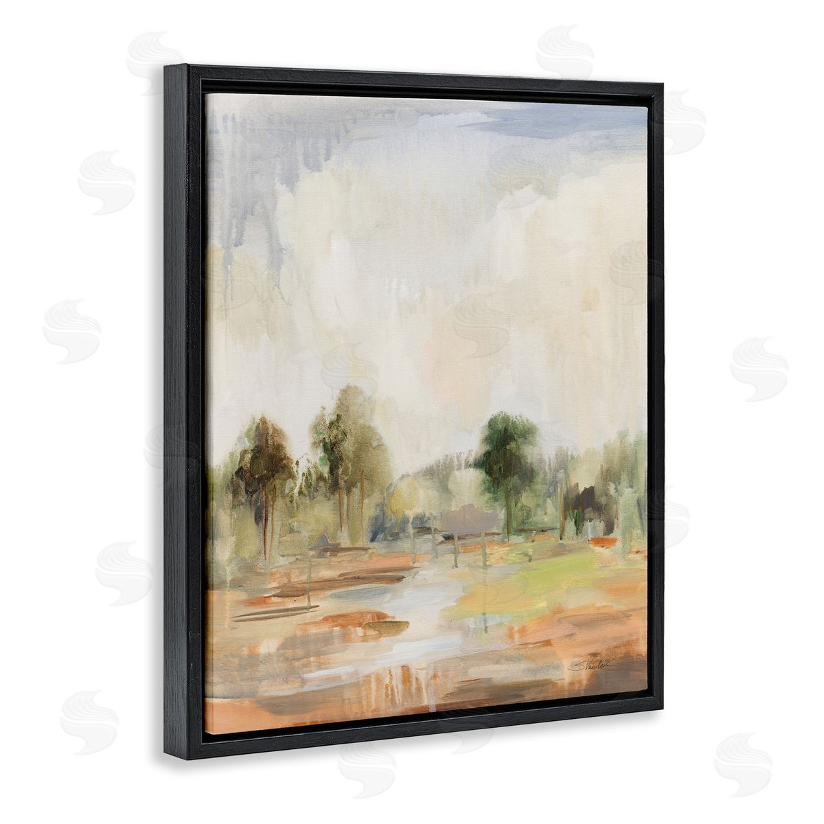 Summer Rain Landscape Black Floating Frame Canvas Wall Art, Home Decor by Silvia Vassileva