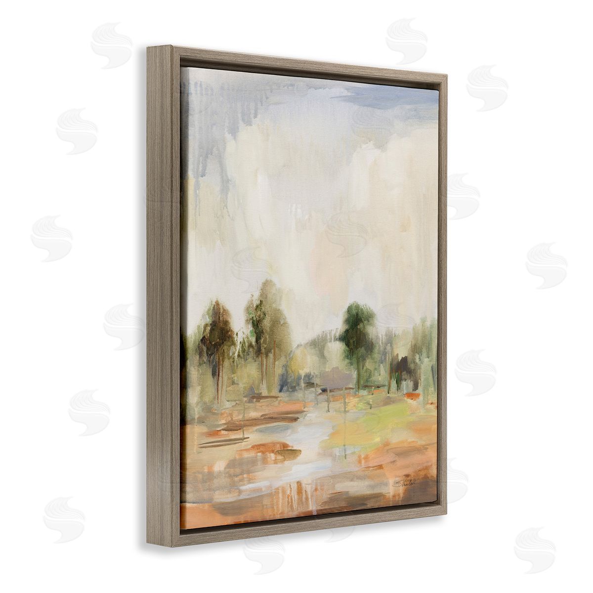 Summer Rain Landscape Brown Floating Frame Canvas Wall Art, Home Decor by Silvia Vassileva