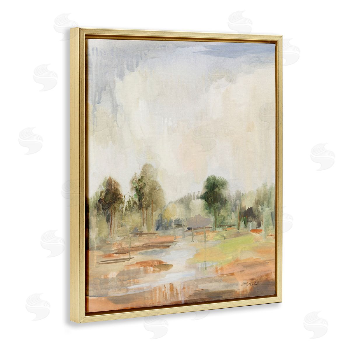 Summer Rain Landscape Gold Floating Frame Canvas Wall Art, Home Decor by Silvia Vassileva