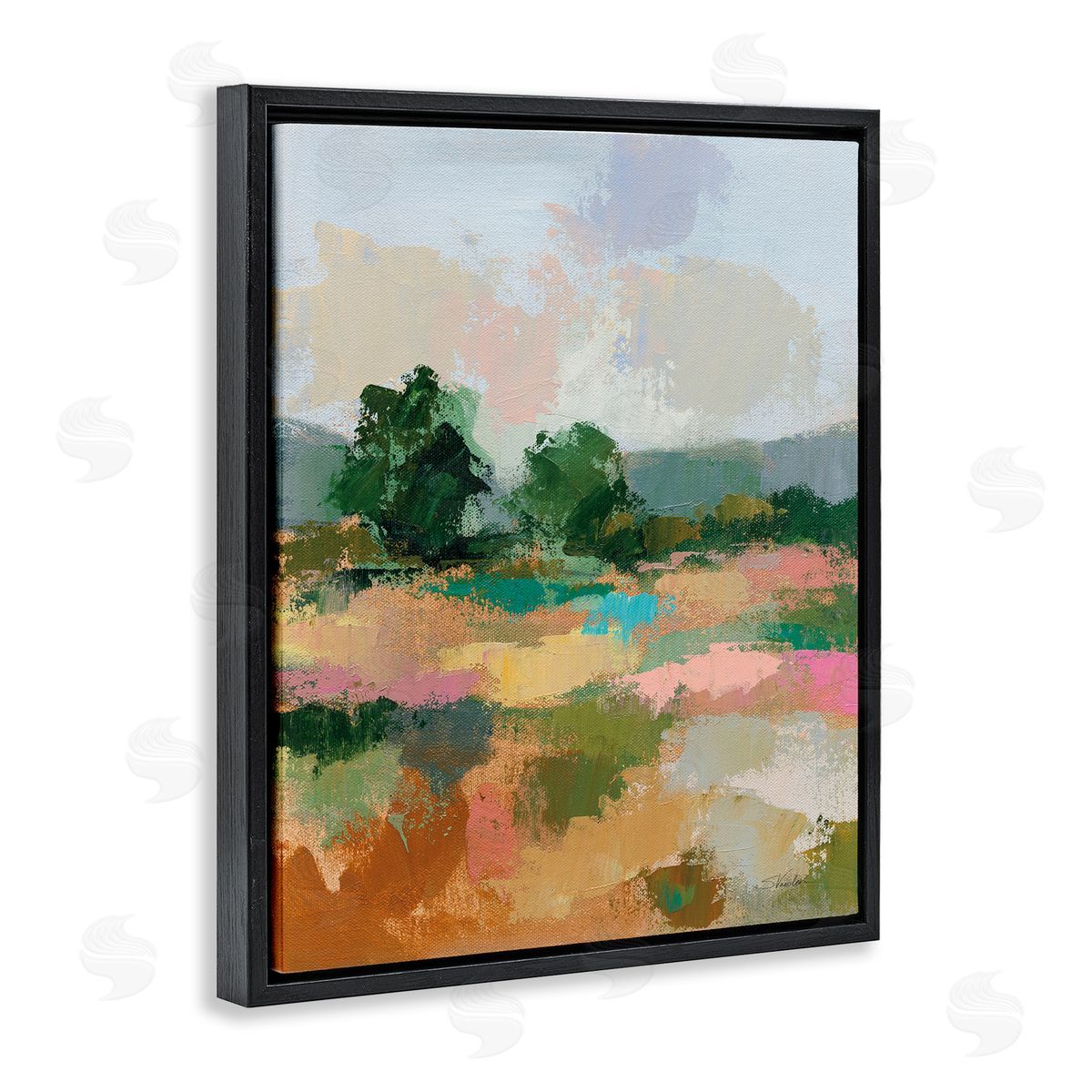 Abstract Spring Landscape Black Floating Frame Canvas Wall Art, Home Decor by Silvia Vassileva