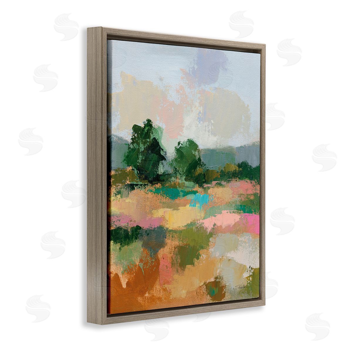 Abstract Spring Landscape Brown Floating Frame Canvas Wall Art, Home Decor by Silvia Vassileva