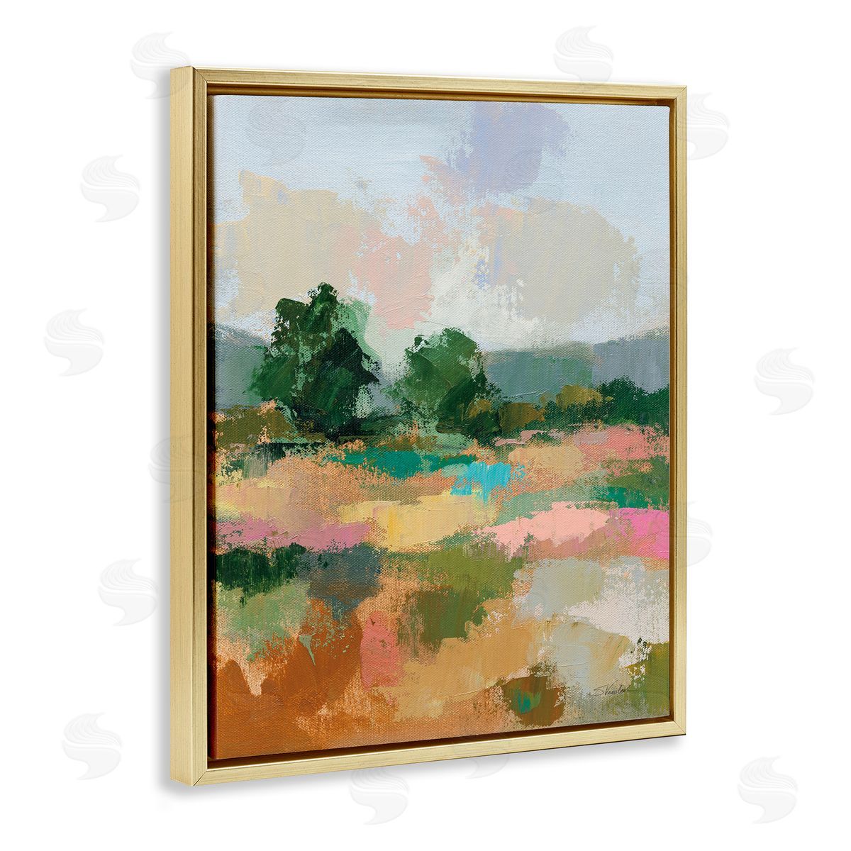 Abstract Spring Landscape Gold Floating Frame Canvas Wall Art, Home Decor by Silvia Vassileva