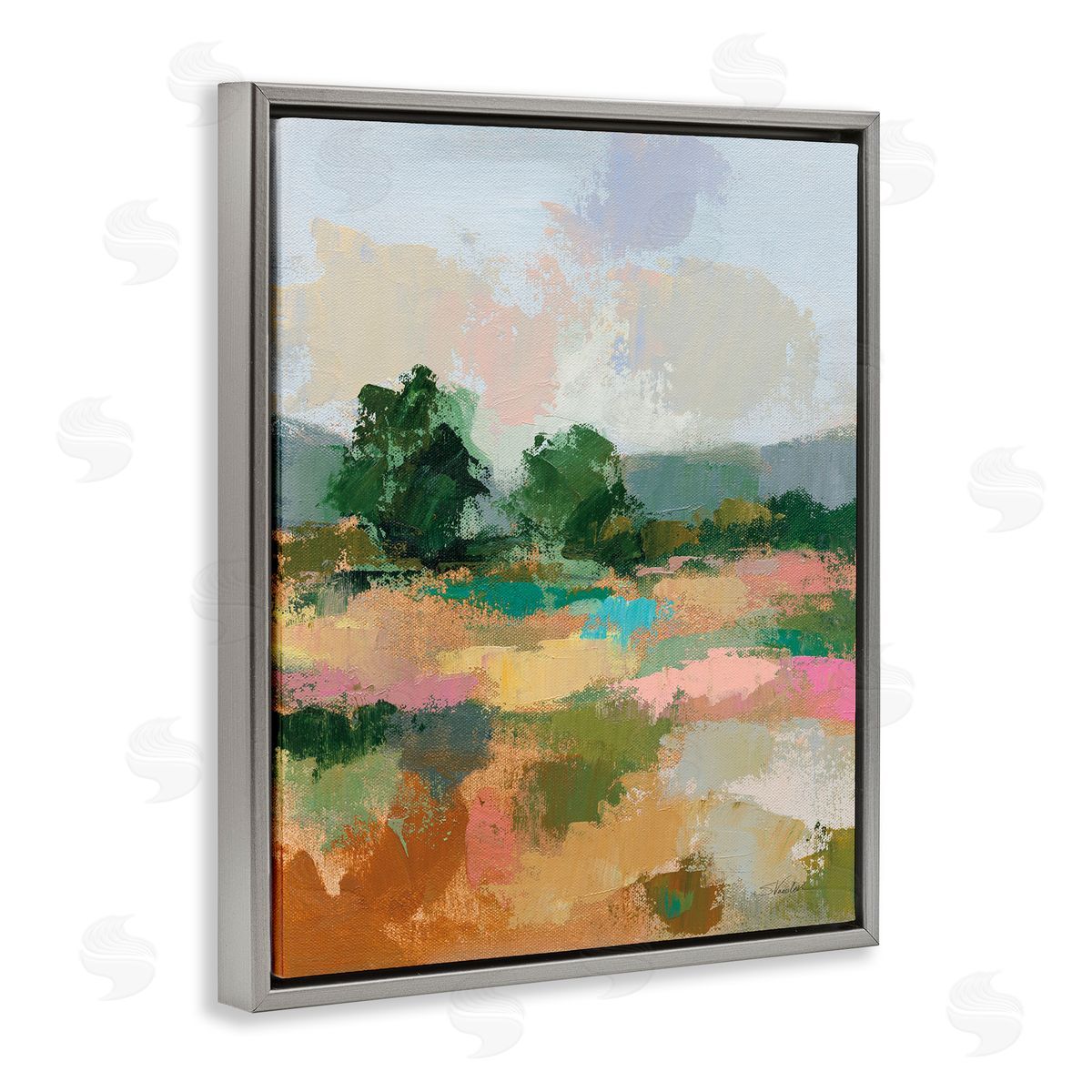 Abstract Spring Landscape Grey Floating Frame Canvas Wall Art, Home Decor by Silvia Vassileva