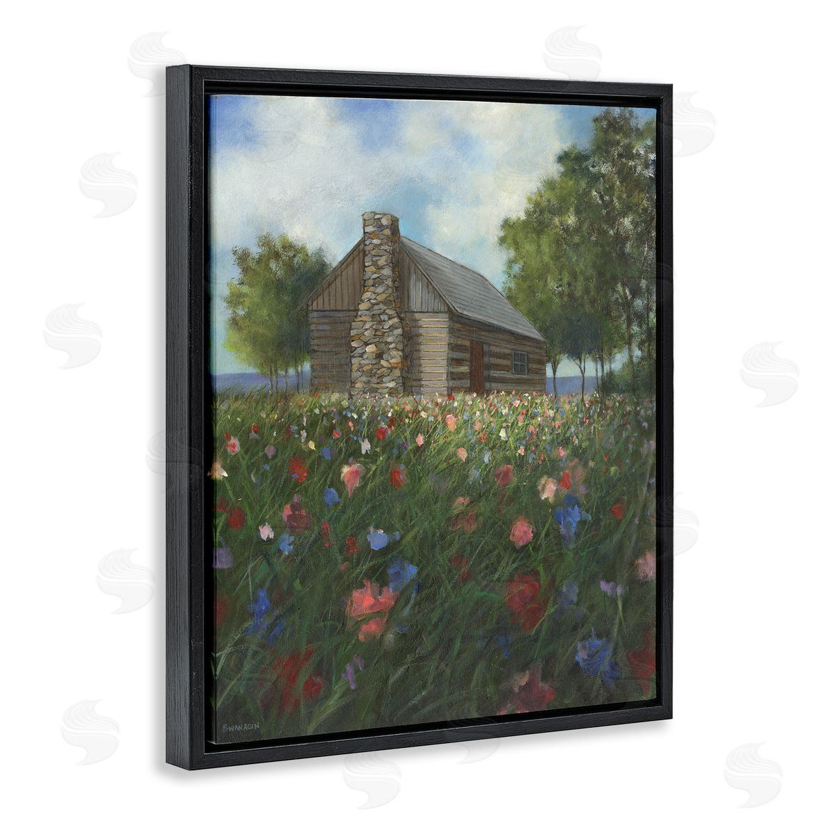 Log Cabin Meadow Black Floating Frame Canvas Wall Art, Home Decor by David Swanagin