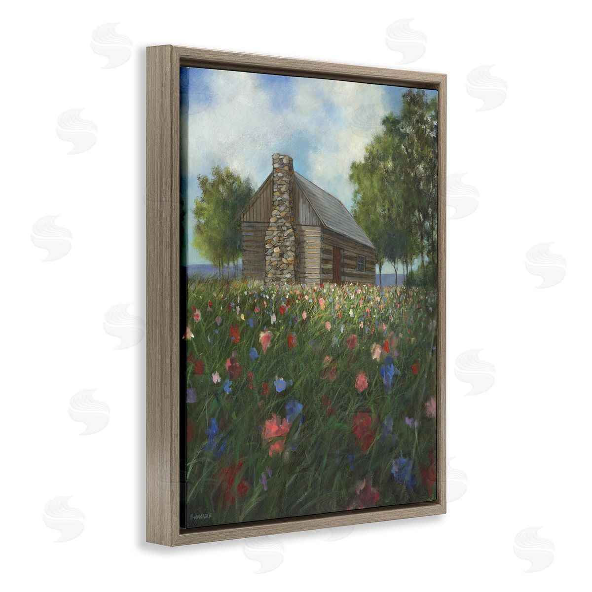 Log Cabin Meadow Brown Floating Frame Canvas Wall Art, Home Decor by David Swanagin
