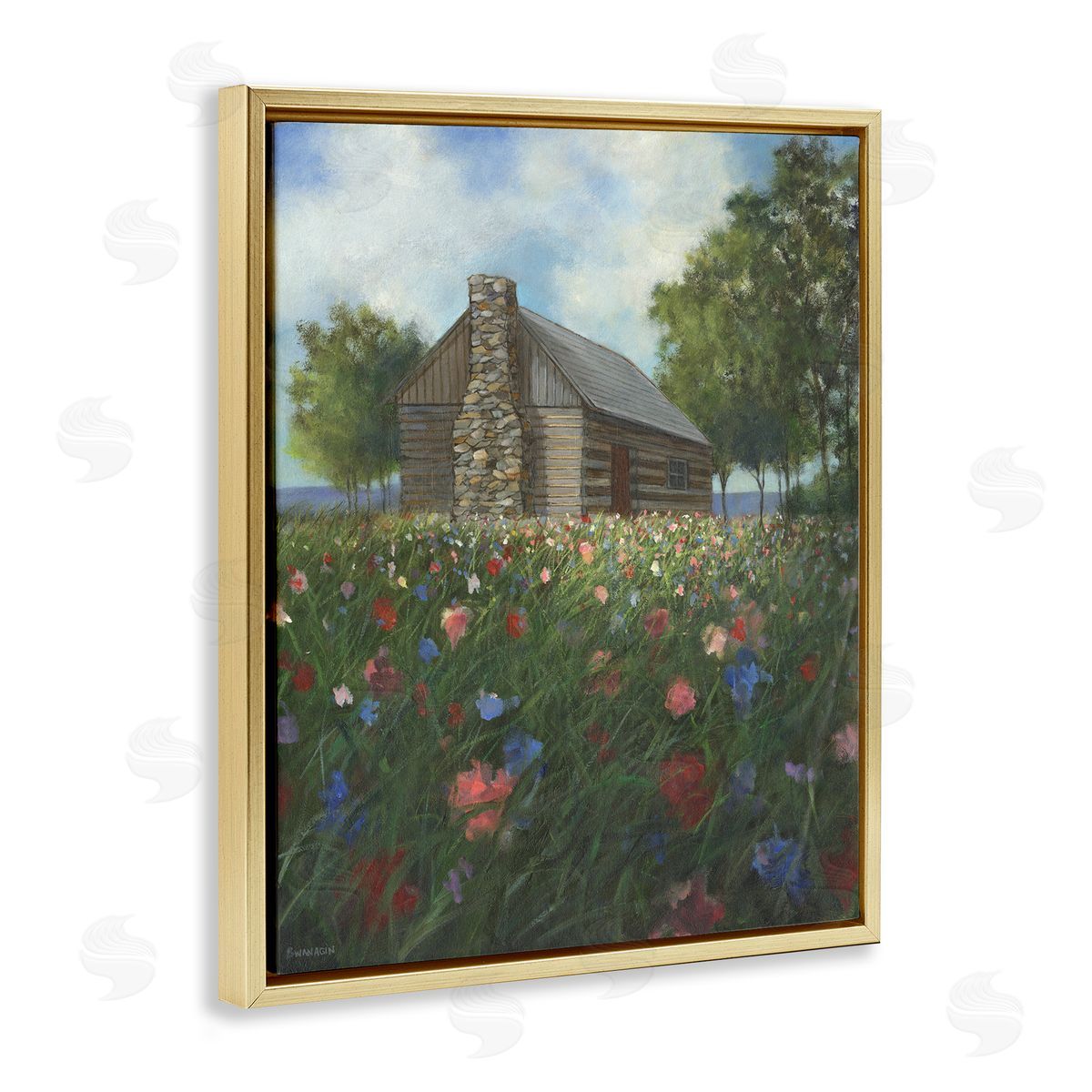 Log Cabin Meadow Gold Floating Frame Canvas Wall Art, Home Decor by David Swanagin