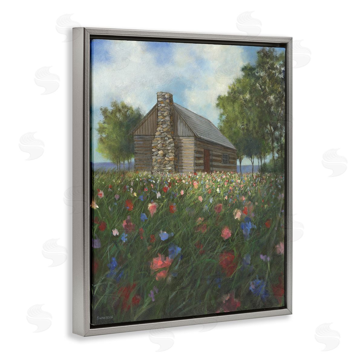 Log Cabin Meadow Grey Floating Frame Canvas Wall Art, Home Decor by David Swanagin