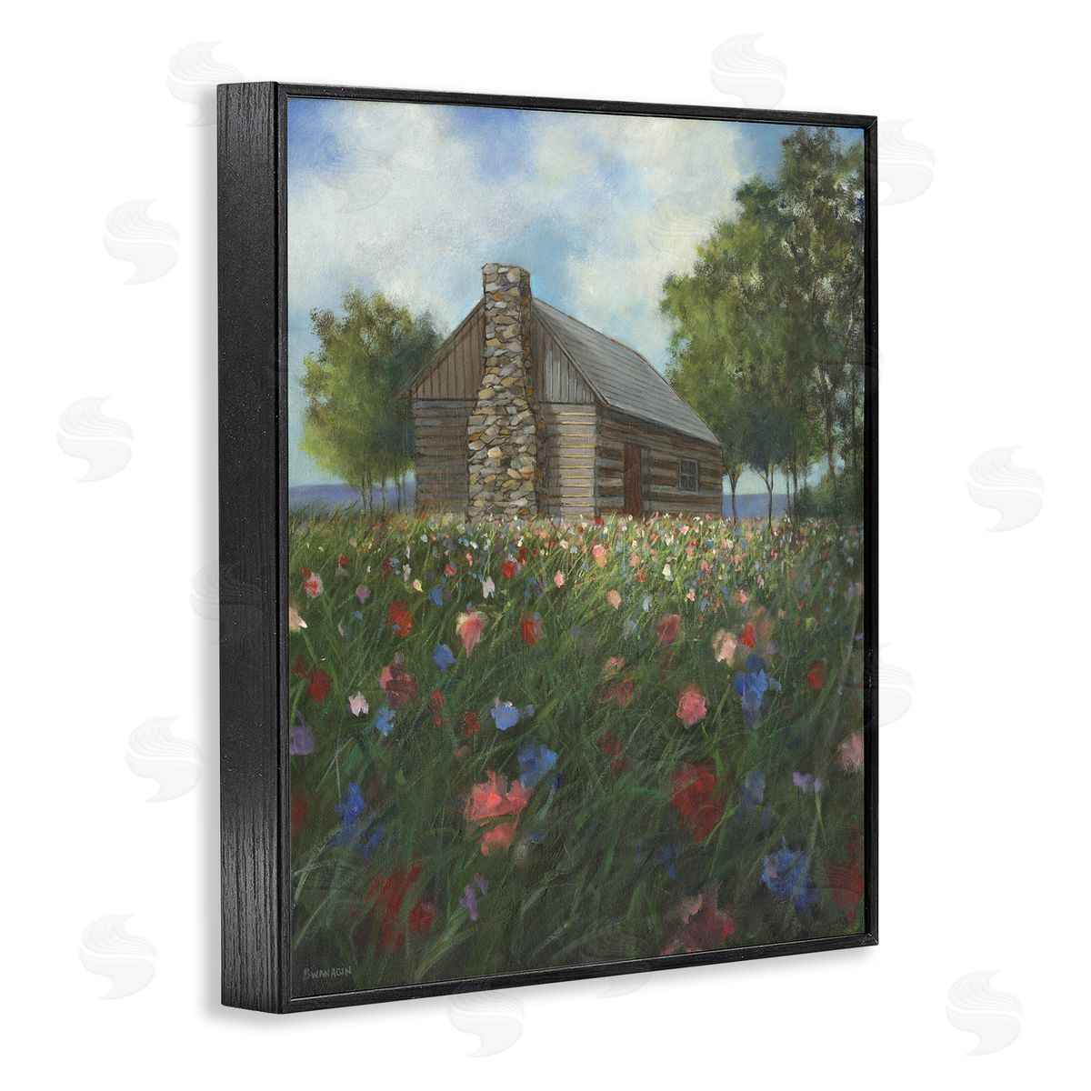 Log Cabin Meadow Black Frame Print Wall Art, Home Decor by David Swanagin