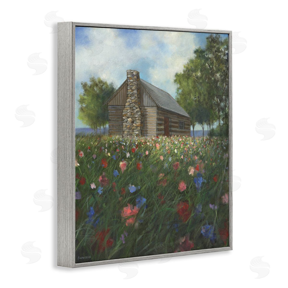 Log Cabin Meadow Grey Frame Print Wall Art, Home Decor by David Swanagin