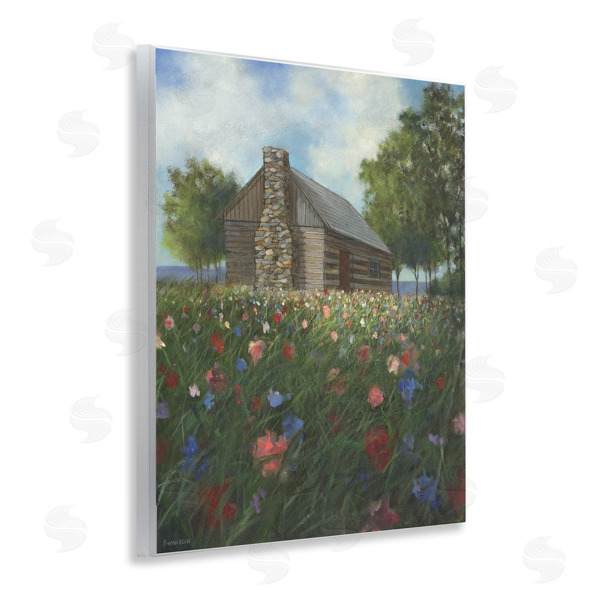 Log Cabin Meadow Wood Plaque Wall Art, Home Decor by David Swanagin
