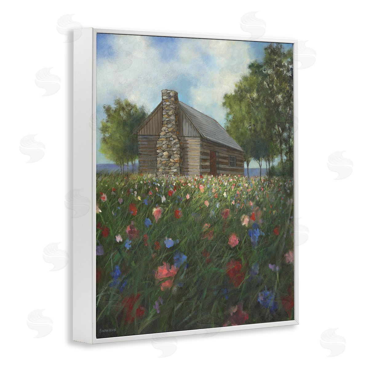 Log Cabin Meadow White Frame Print Wall Art, Home Decor by David Swanagin
