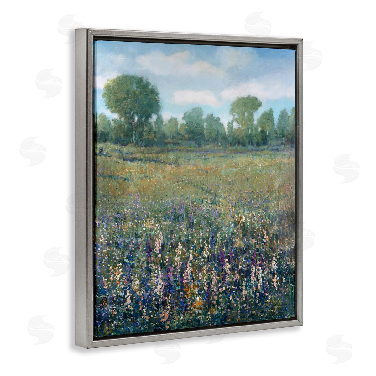 Lilac and Wildflower Fields Grey Floating Frame Canvas Wall Art, Home Decor by Tim OToole