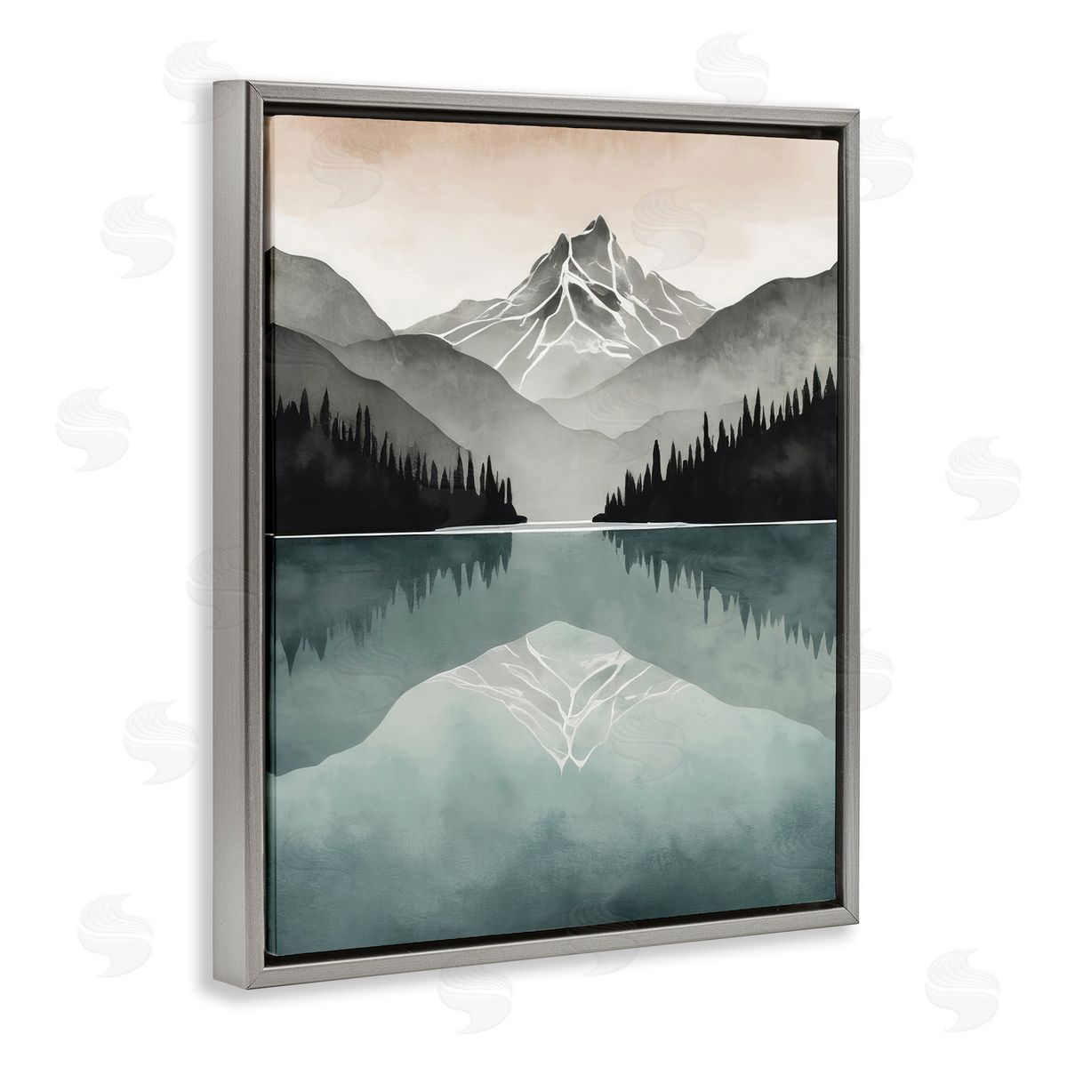 Mountain Reflecting over Lake Grey Floating Frame Canvas Wall Art, Home Decor by Denise Dundon
