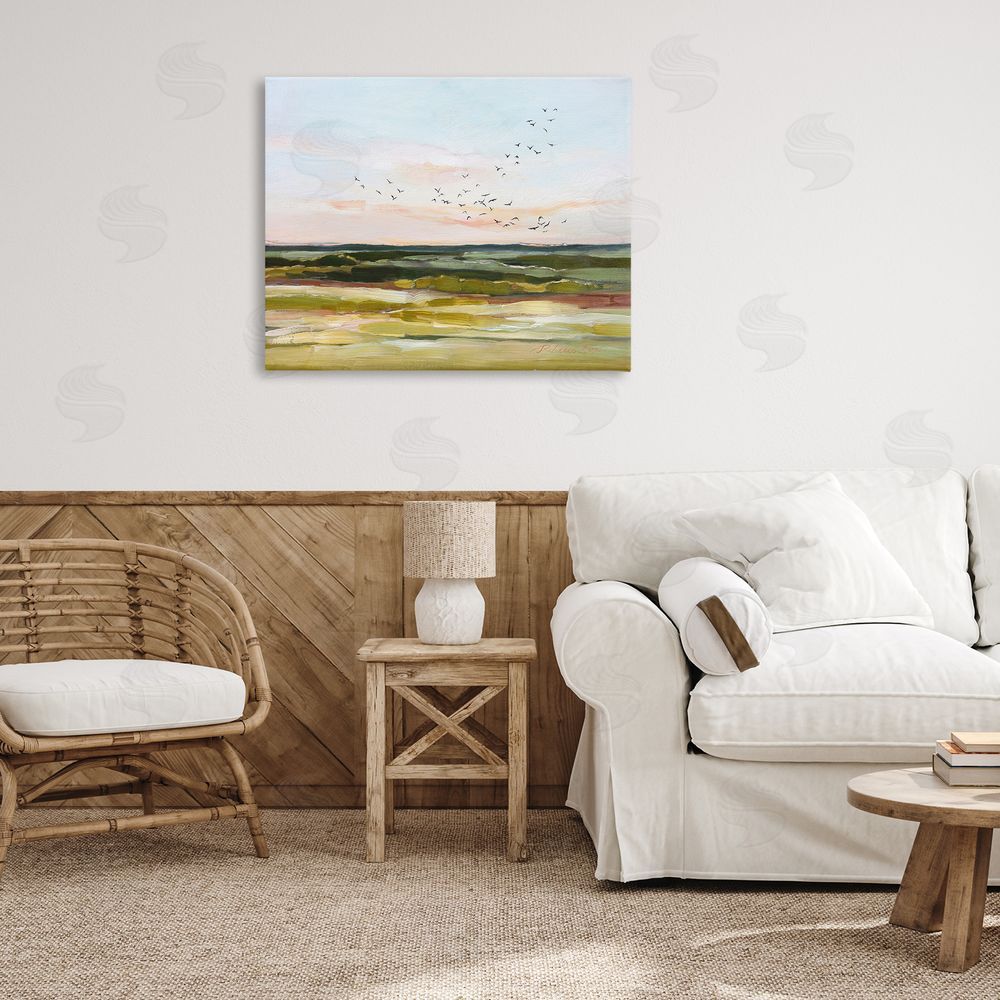 Rebecca Fox Bird Flock over Grassland Canvas Wall Art Print in Room