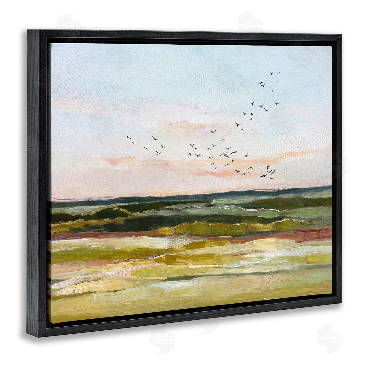 Rebecca Fox Bird Flock over Grassland Black Floating Frame Canvas Wall Art Print