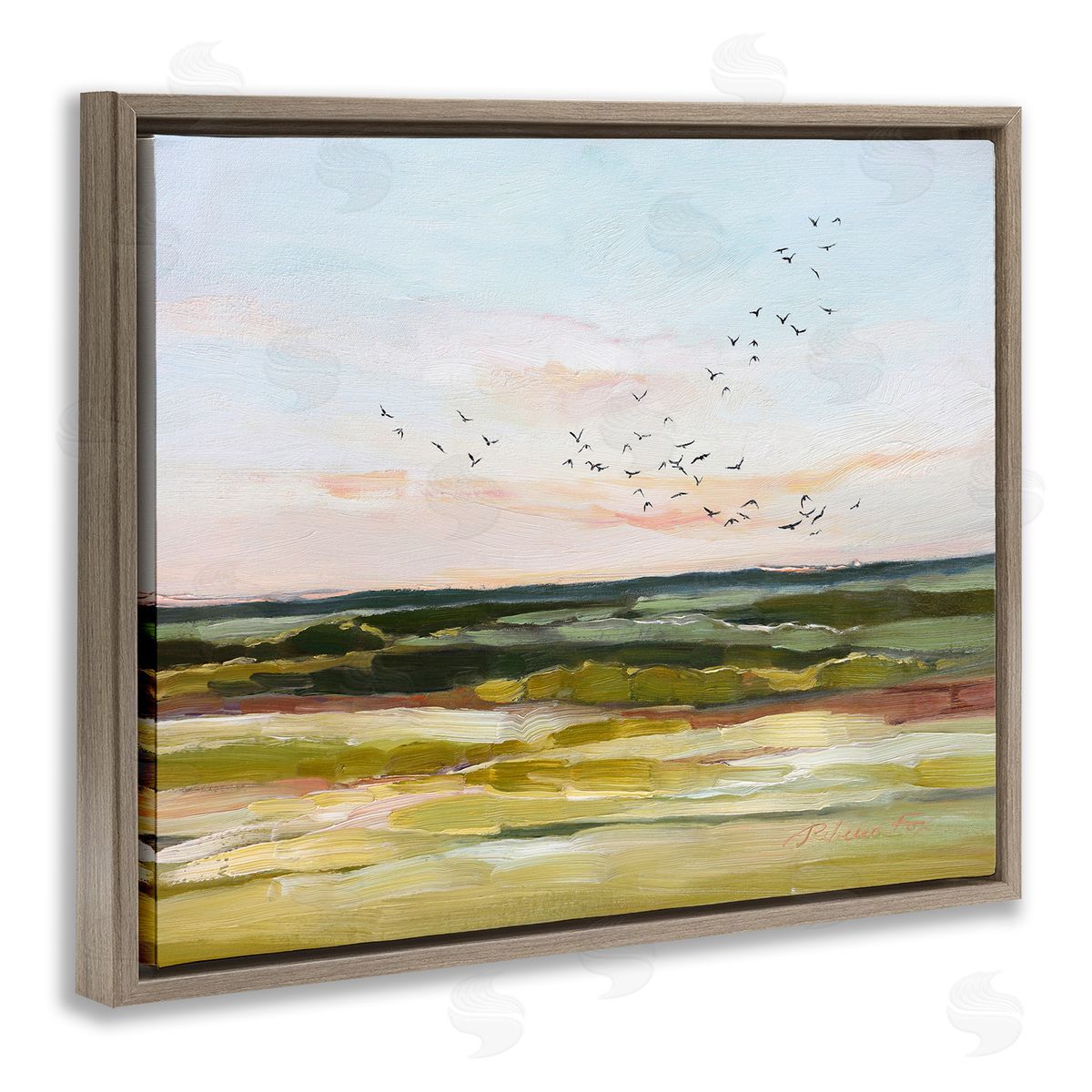 Rebecca Fox Bird Flock over Grassland Brown Floating Frame Canvas Wall Art Print