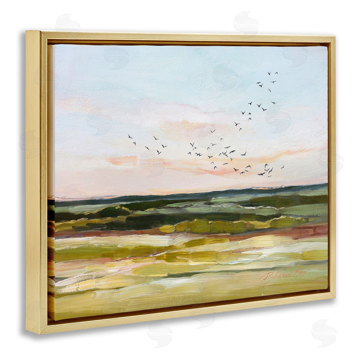 Rebecca Fox Bird Flock over Grassland Gold Floating Frame Canvas Wall Art Print