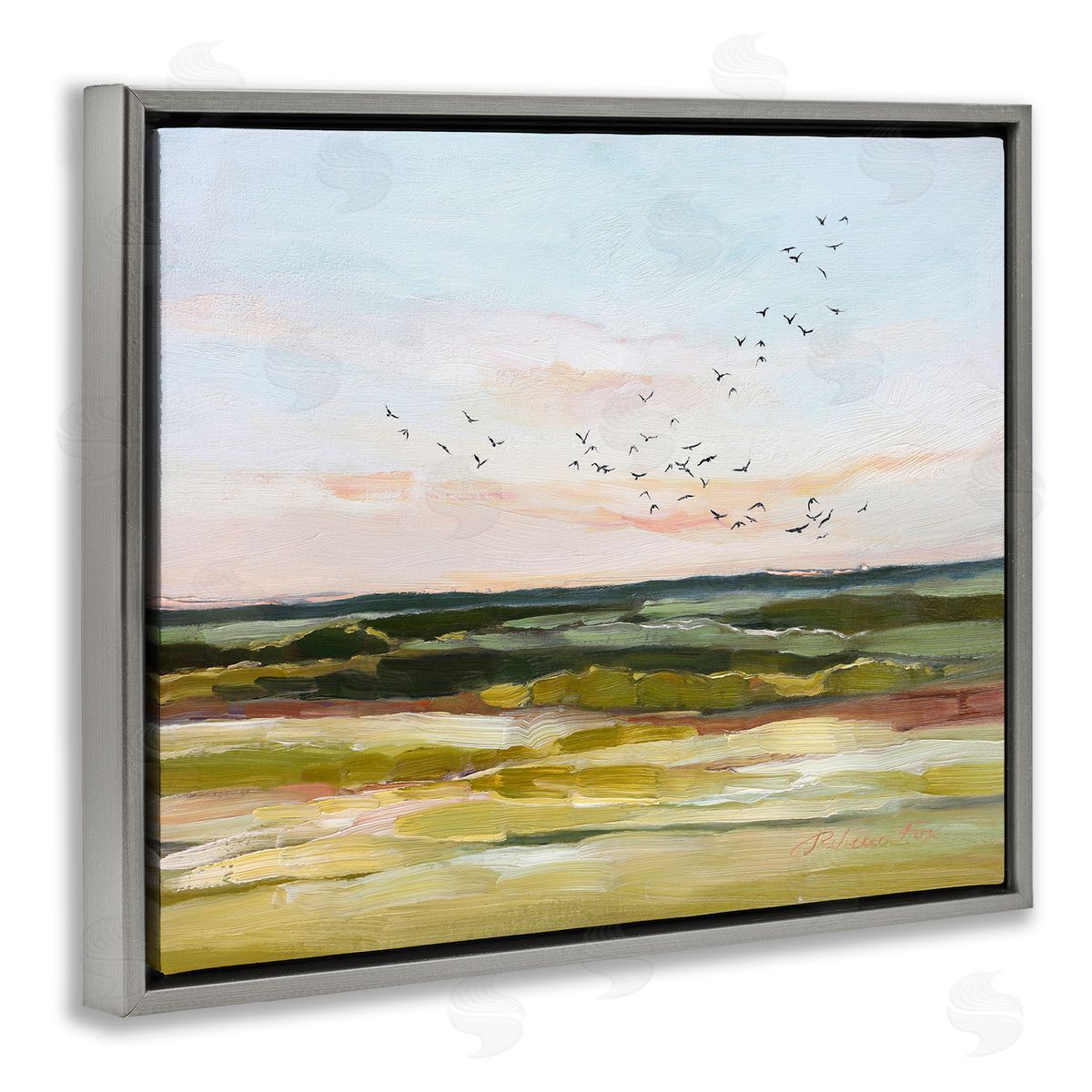 Rebecca Fox Bird Flock over Grassland Gray Floating Frame Canvas Wall Art Print