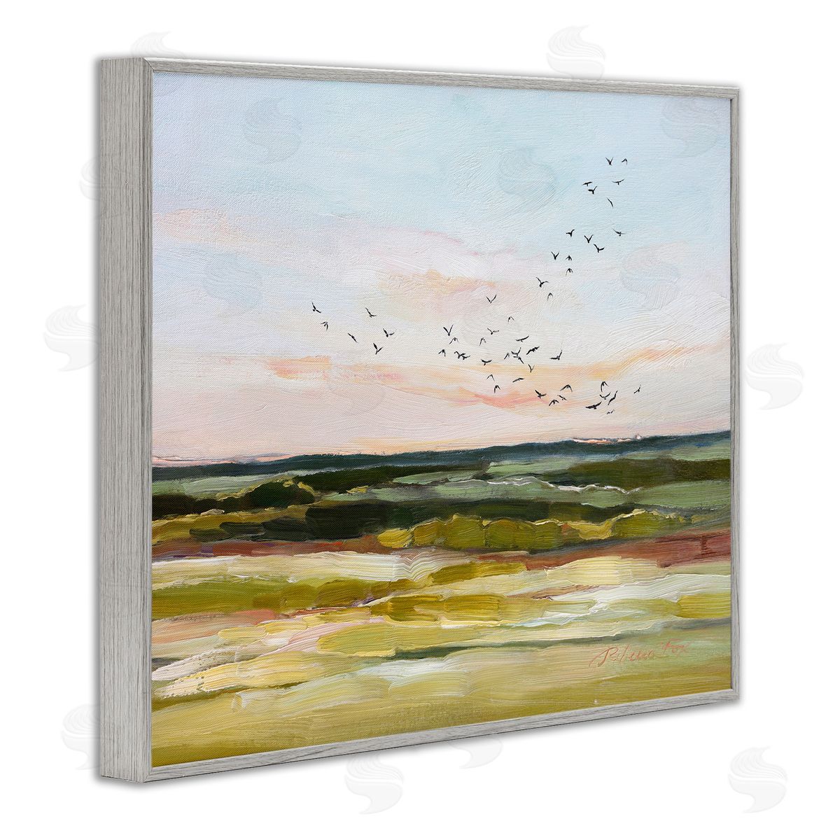 Rebecca Fox Bird Flock over Grassland Gray Framed Giclee Wall Art Print