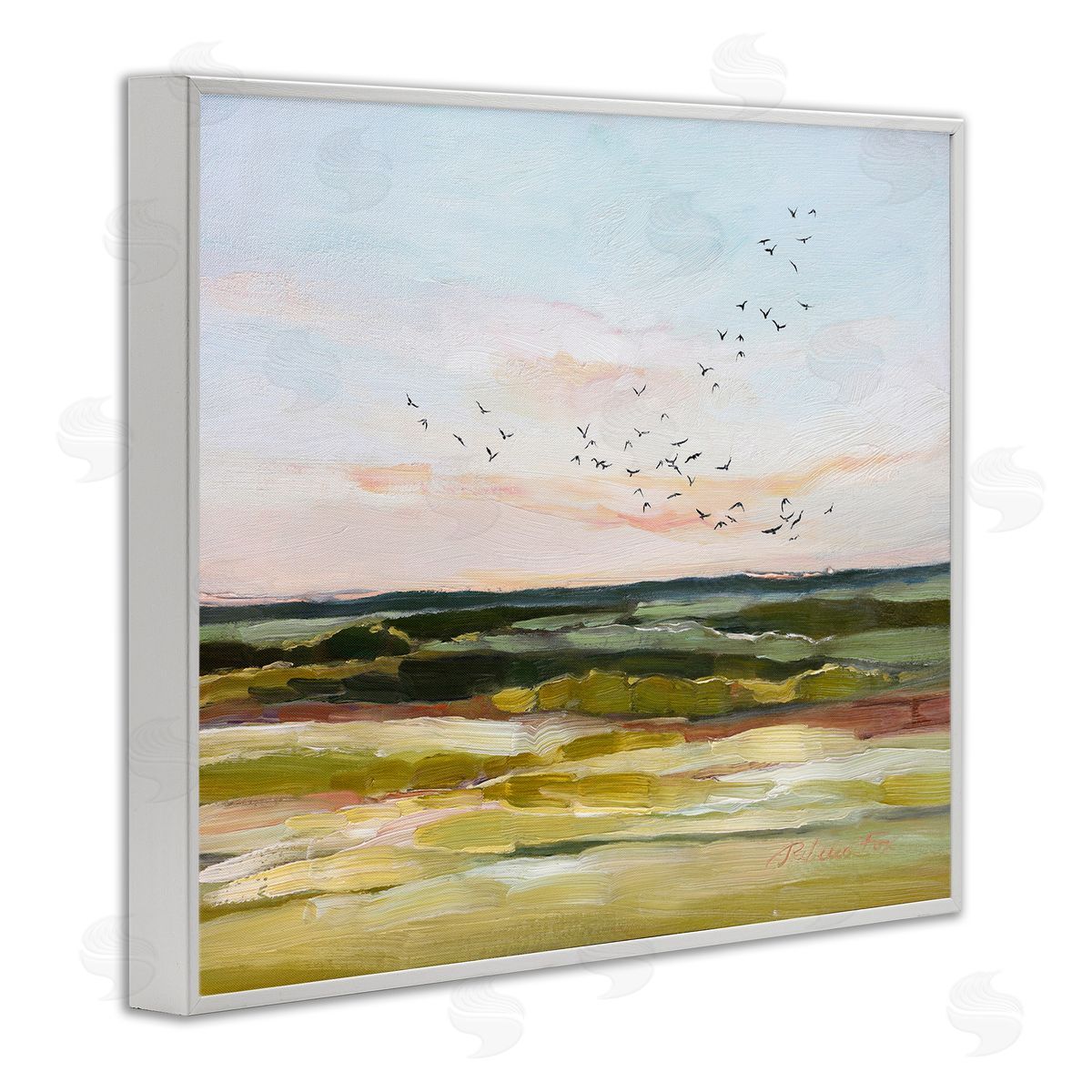 Rebecca Fox Bird Flock over Grassland White Framed Giclee Wall Art Print