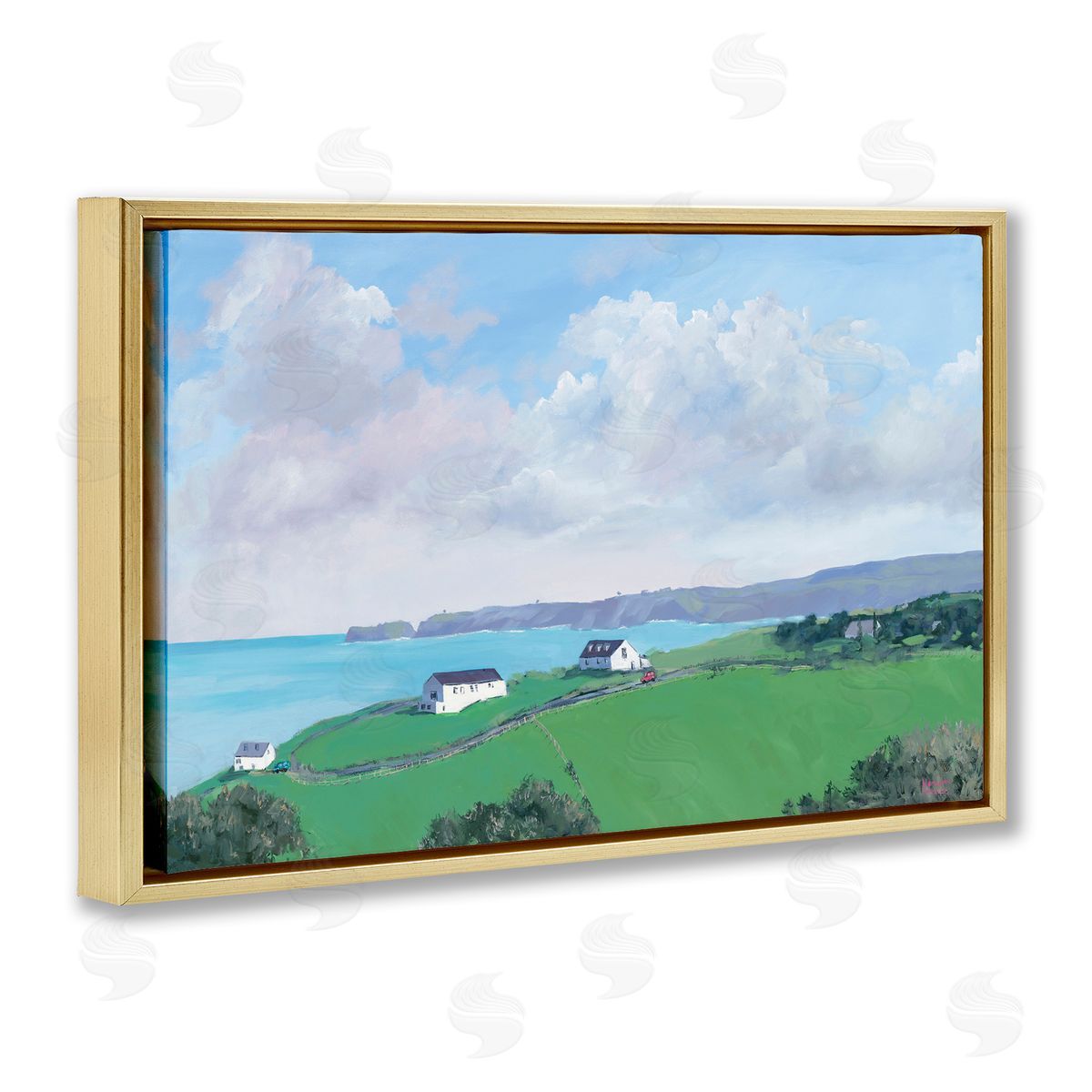 Coastal Farm Houses Gold Floating Frame Canvas Wall Art, Home Decor by Meredith Howse