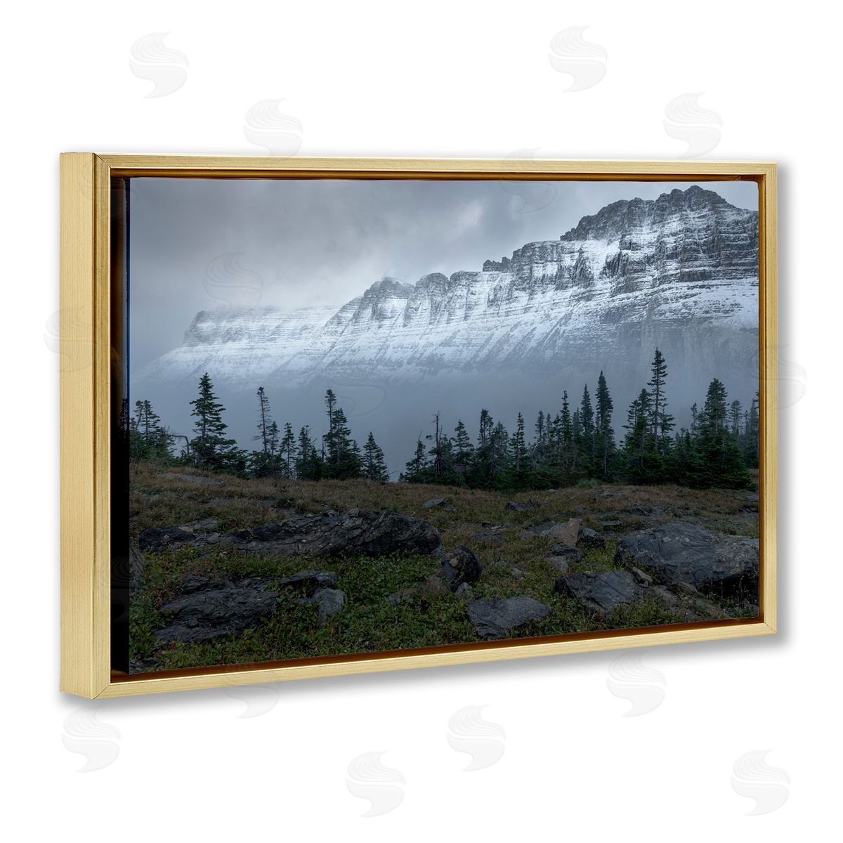 First Snow Mountains Gold Floating Frame Canvas Wall Art, Home Decor by Hunter Page Photography