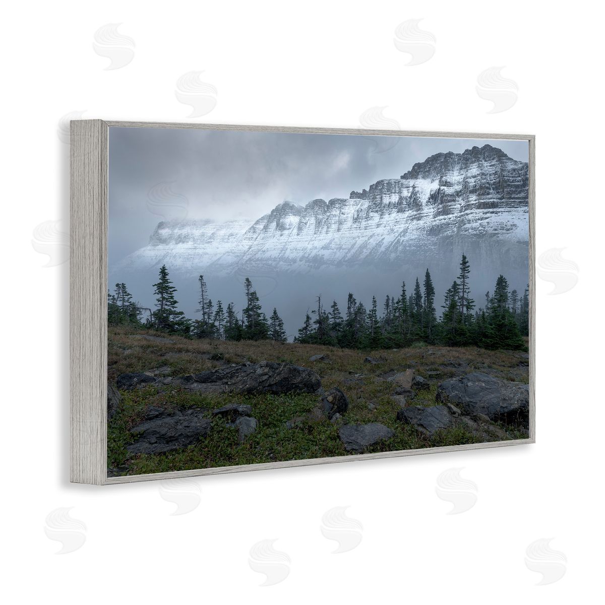 First Snow Mountains Grey Frame Print Wall Art, Home Decor by Hunter Page Photography