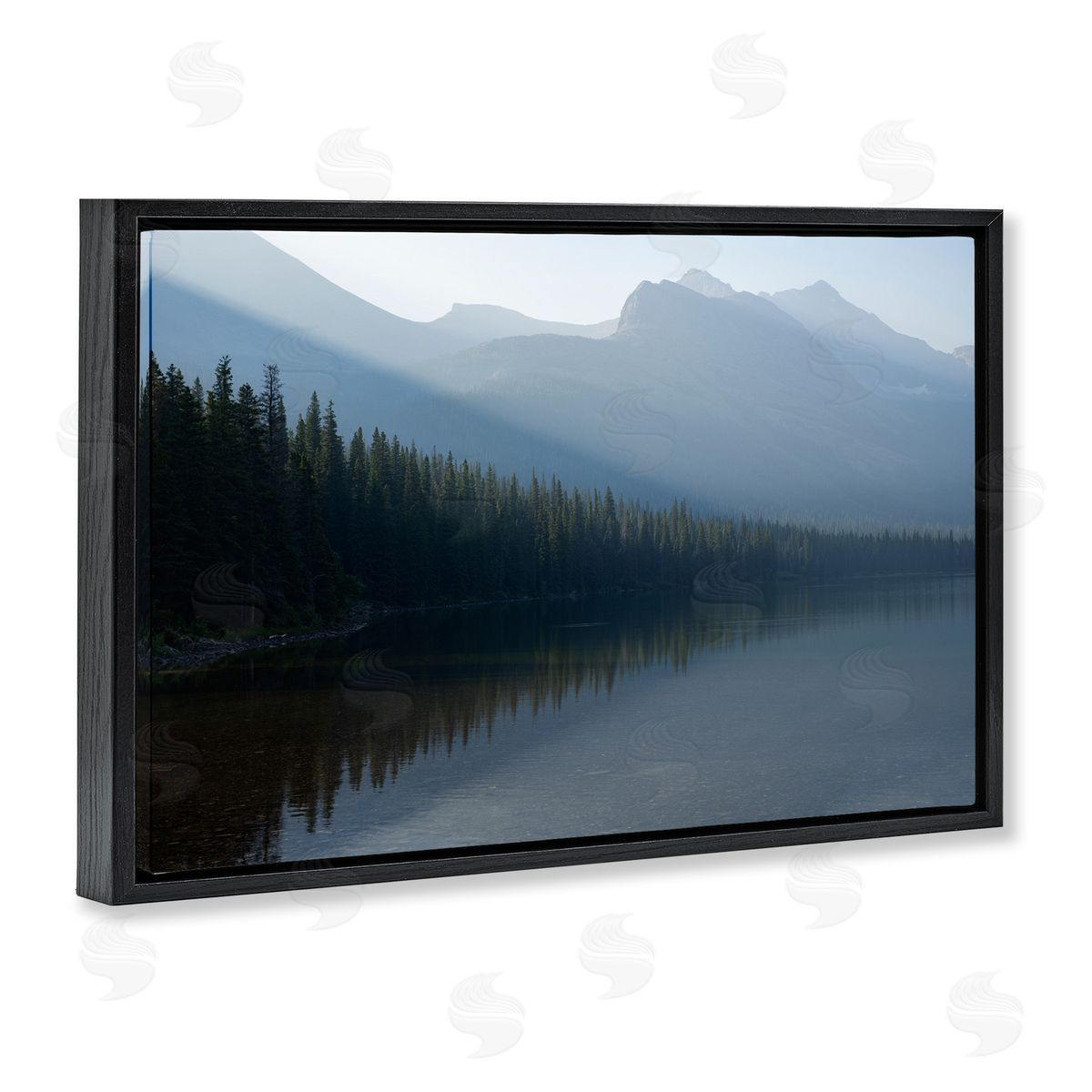 Foggy Lakeside Trees Black Floating Frame Canvas Wall Art, Home Decor by Hunter Page Photography