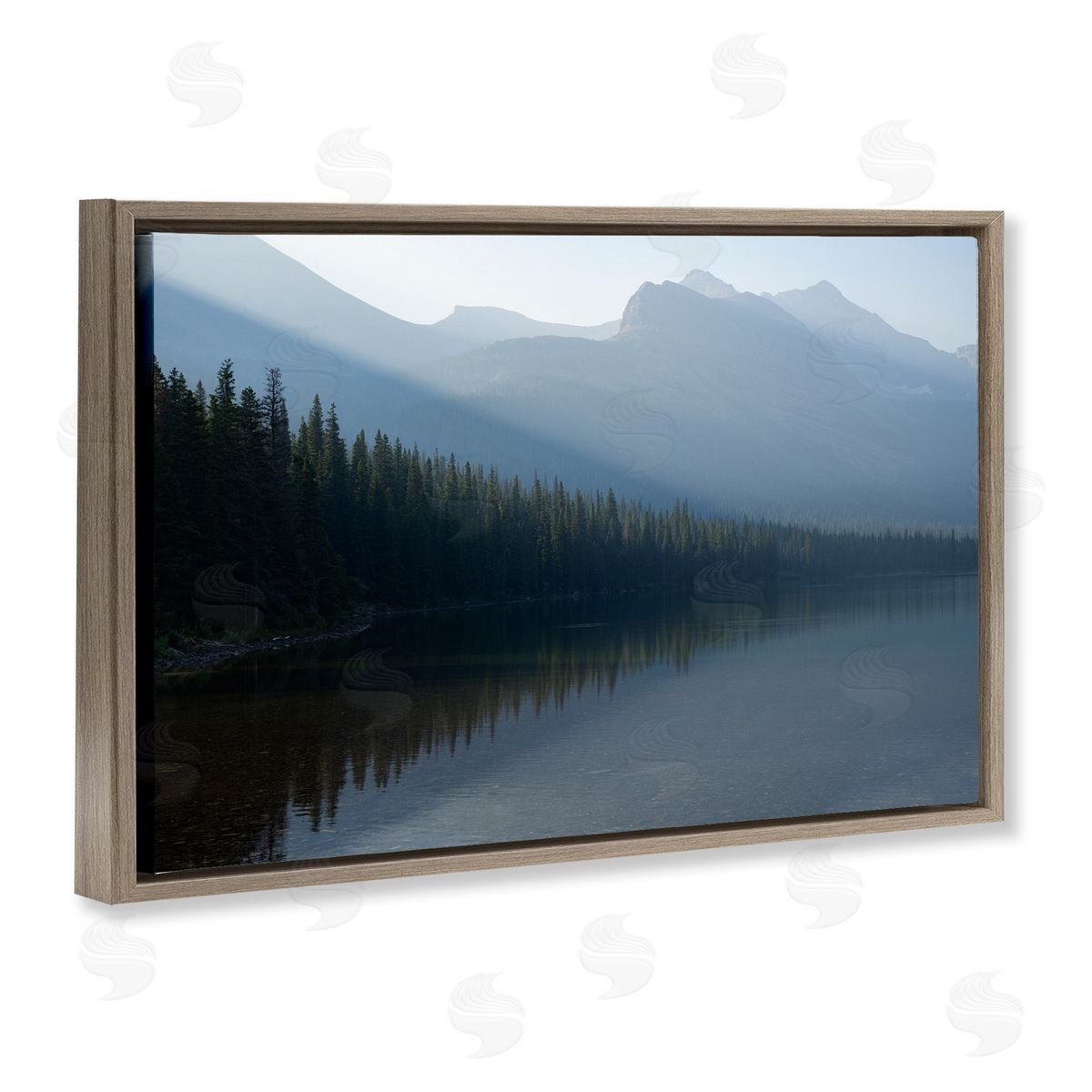 Foggy Lakeside Trees Brown Floating Frame Canvas Wall Art, Home Decor by Hunter Page Photography