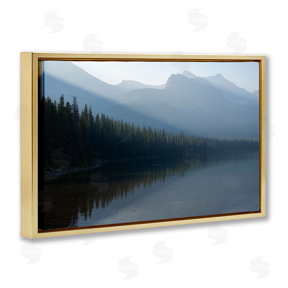 Foggy Lakeside Trees Gold Floating Frame Canvas Wall Art, Home Decor by Hunter Page Photography