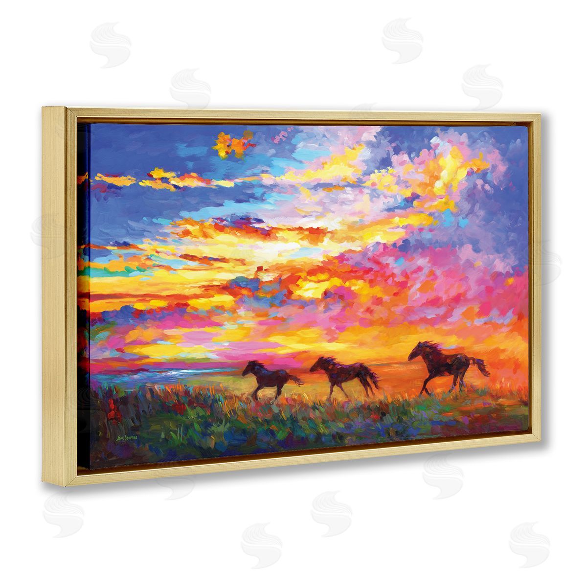 Leon Devenice Wild Horses at Sunset Gold Floating Frame Canvas Wall Art Print