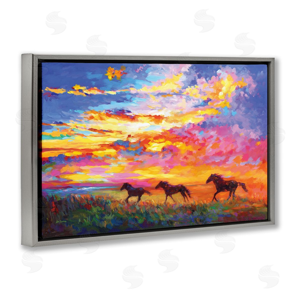 Leon Devenice Wild Horses at Sunset Gray Floating Frame Canvas Wall Art Print