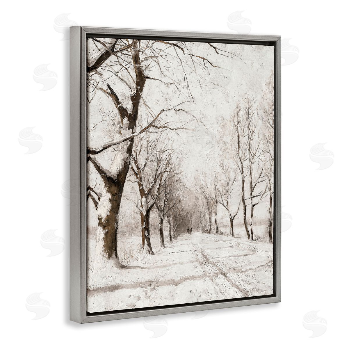 Snowy Winter Lane Grey Floating Frame Canvas Wall Art, Home Decor by Lettered and Lined