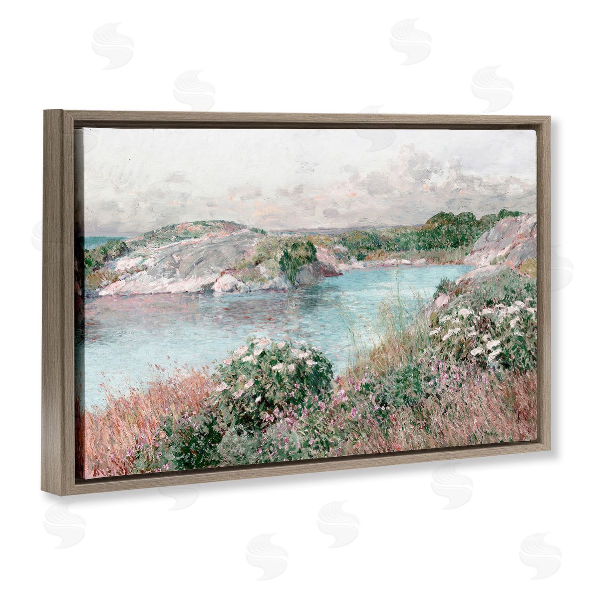 Lettered and Lined Classic Riverbank Landscape Brown Floating Frame Canvas Wall Art Print