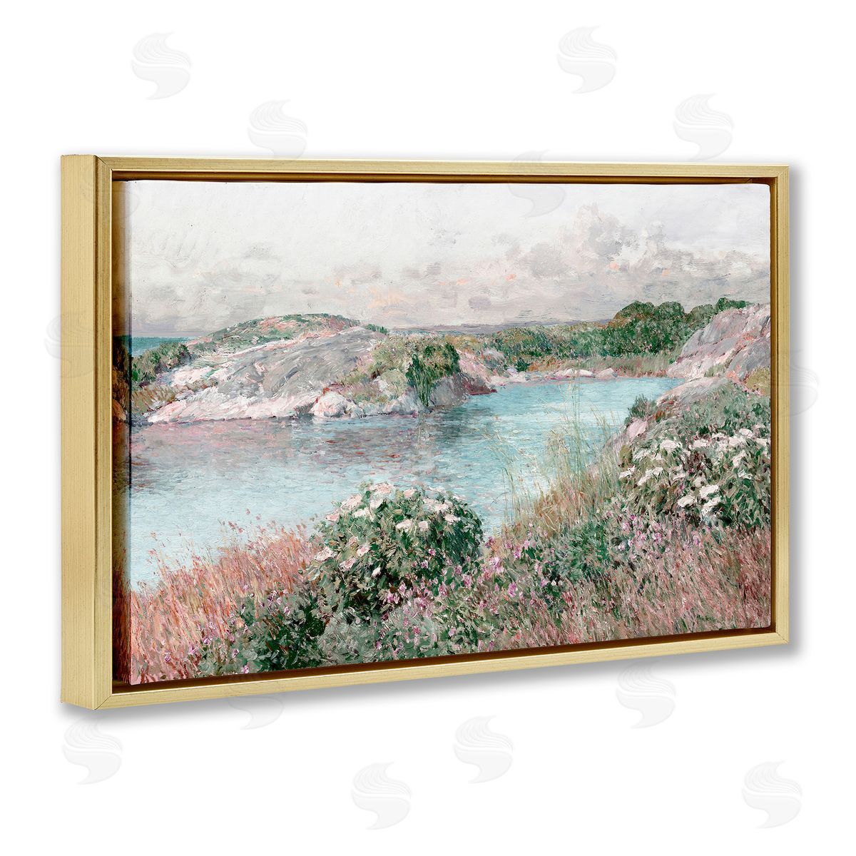 Lettered and Lined Classic Riverbank Landscape Gold Floating Frame Canvas Wall Art Print
