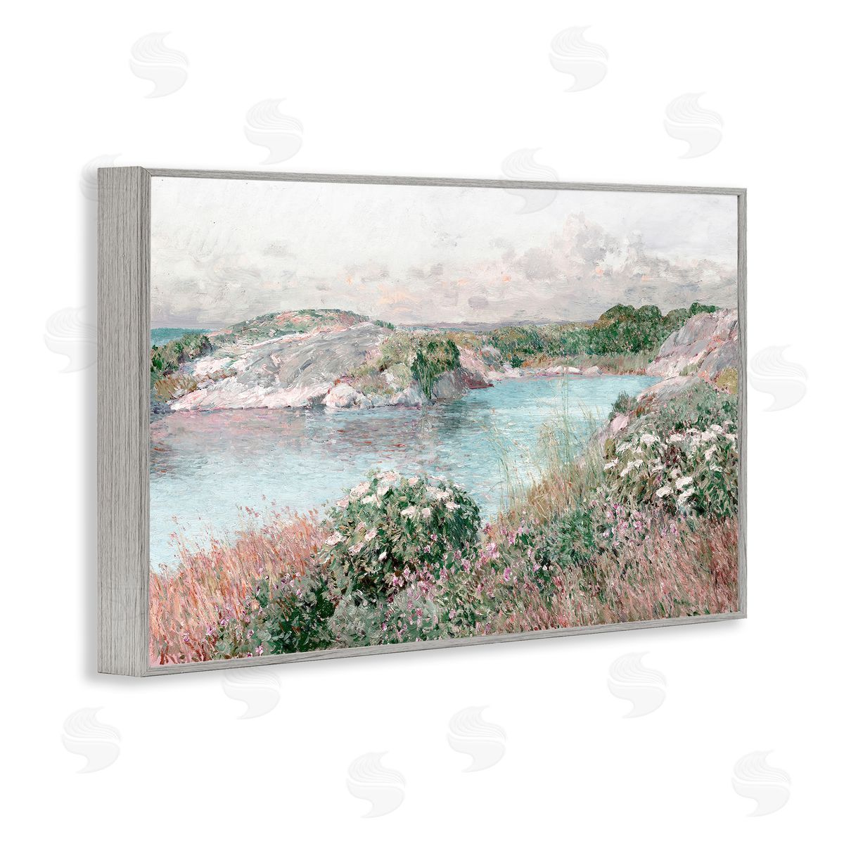 Lettered and Lined Classic Riverbank Landscape Gray Framed Giclee Wall Art Print
