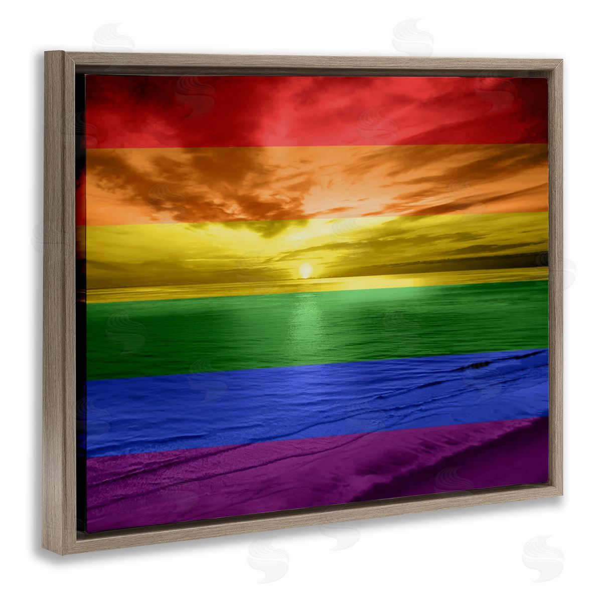 Maggie Olsen Rainbow Sunset Beach Brown Floating Frame Canvas Wall Art Print