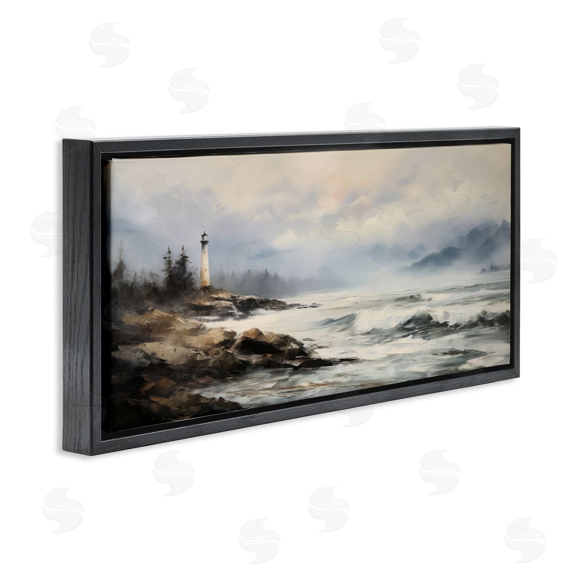 Coastal Lighthouse Waves Black Floating Frame Canvas Wall Art, Home Decor by Petal Prints Design