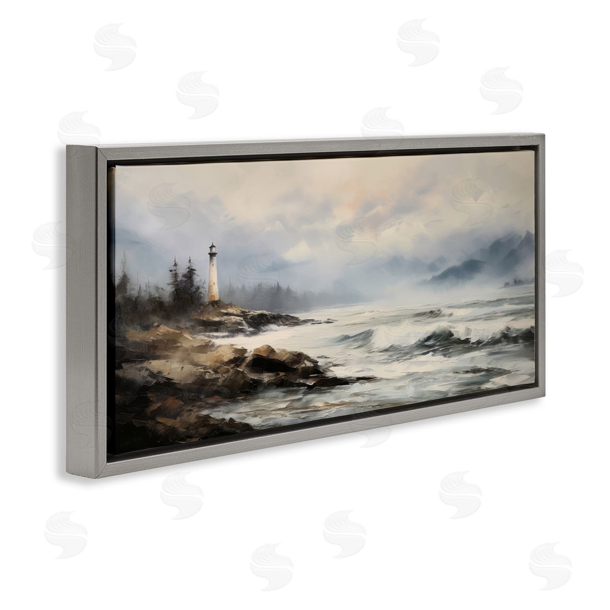 Coastal Lighthouse Waves Grey Floating Frame Canvas Wall Art, Home Decor by Petal Prints Design