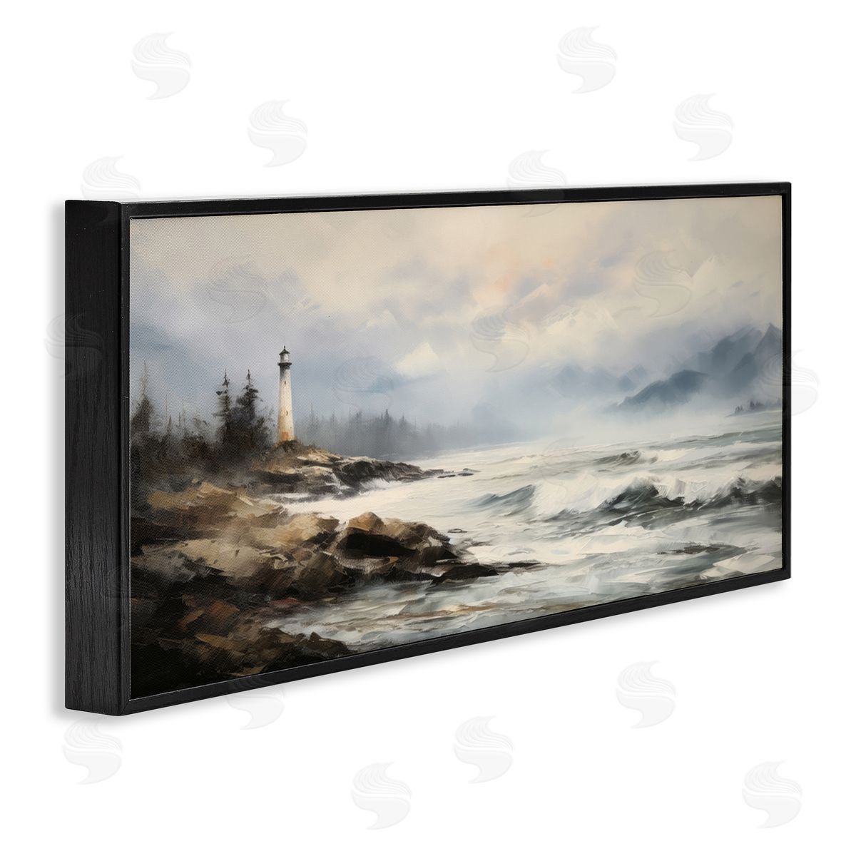 Coastal Lighthouse Waves Black Frame Print Wall Art, Home Decor by Petal Prints Design