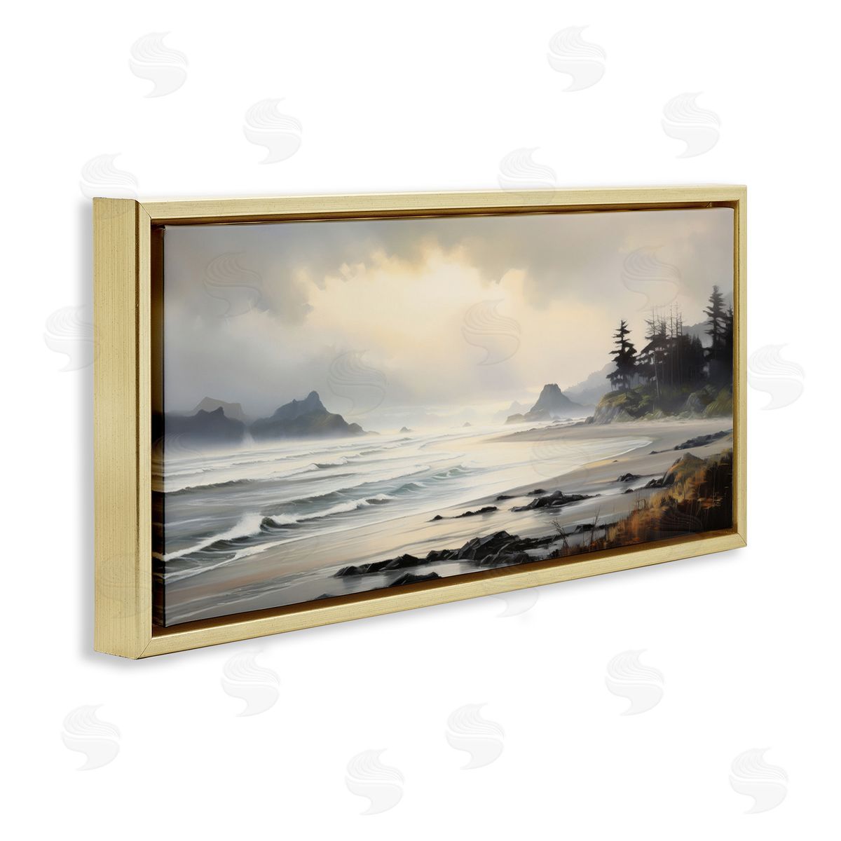 Coastal Shore Inlet Gold Floating Frame Canvas Wall Art, Home Decor by Petal Prints Design