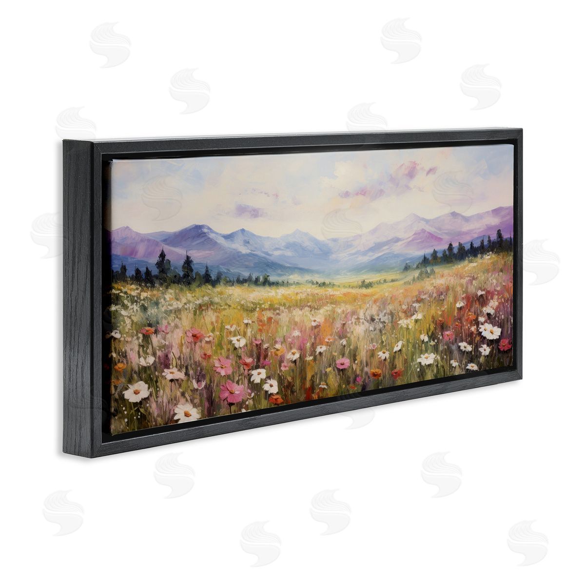 Mountainous Daisy Meadow Black Floating Frame Canvas Wall Art, Home Decor by Petal Prints Design