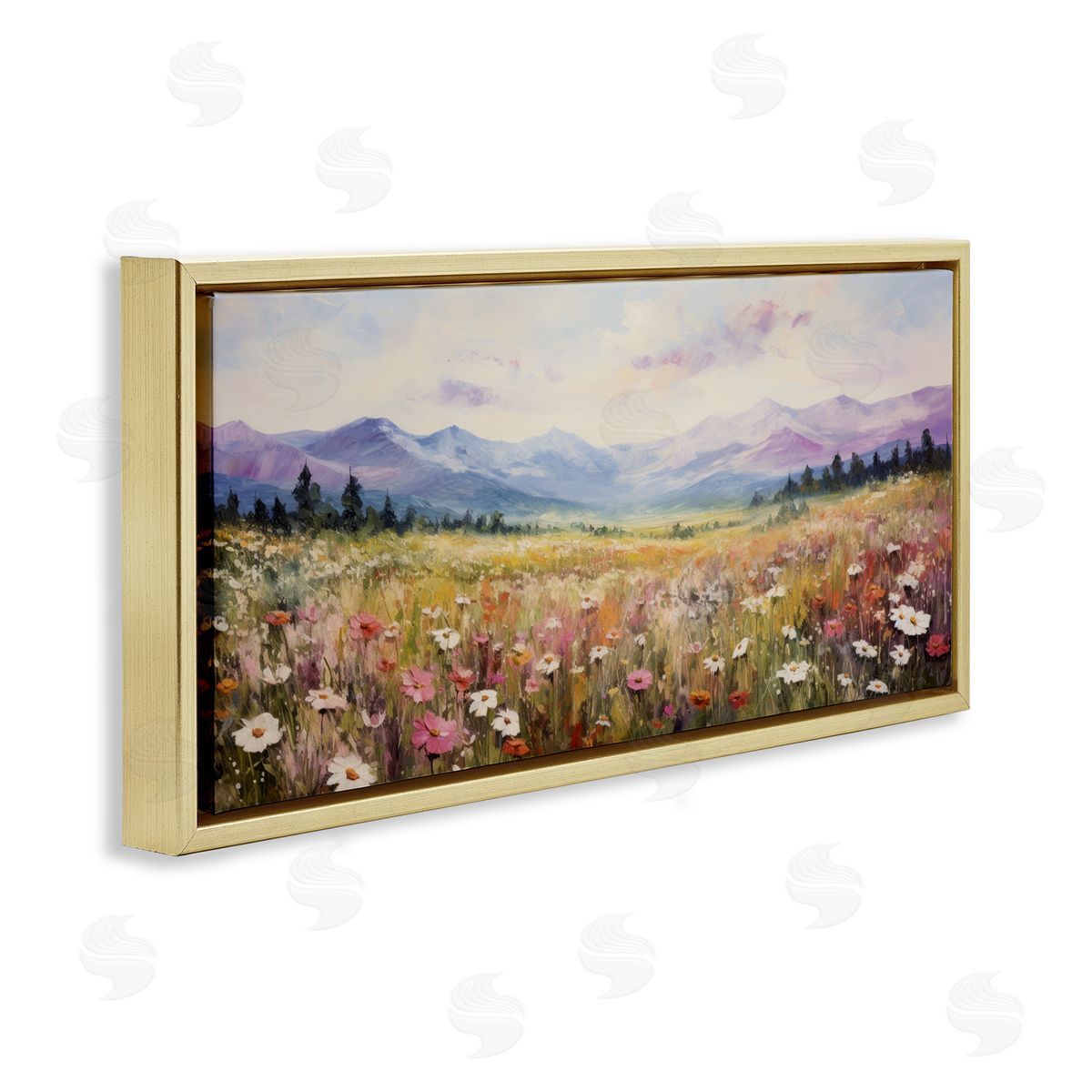 Mountainous Daisy Meadow Gold Floating Frame Canvas Wall Art, Home Decor by Petal Prints Design