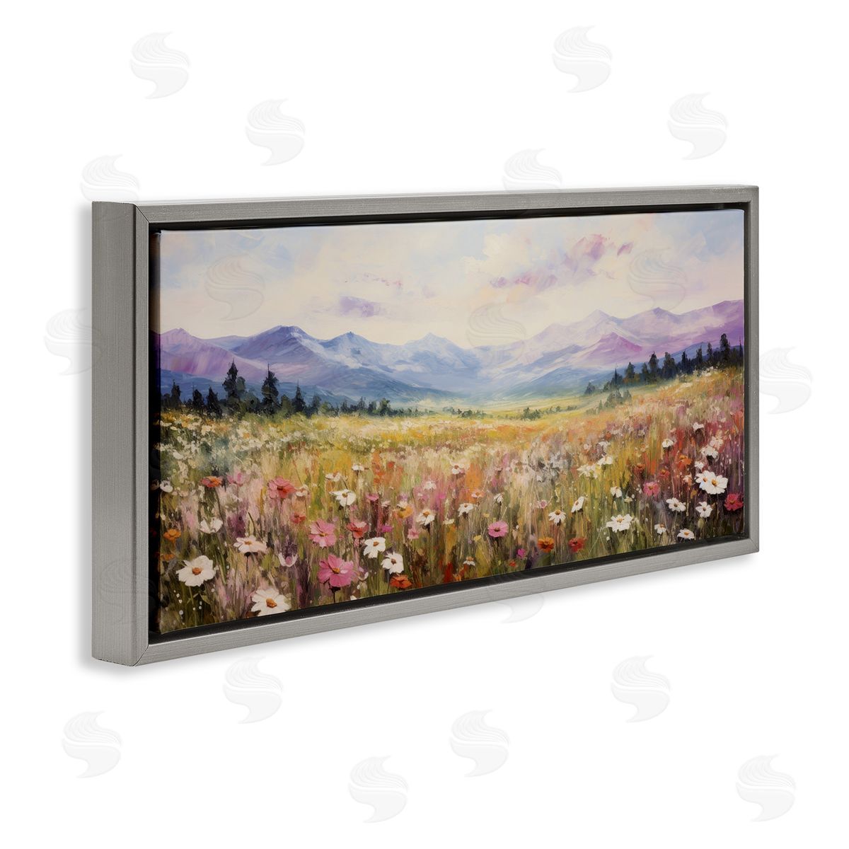 Mountainous Daisy Meadow Grey Floating Frame Canvas Wall Art, Home Decor by Petal Prints Design