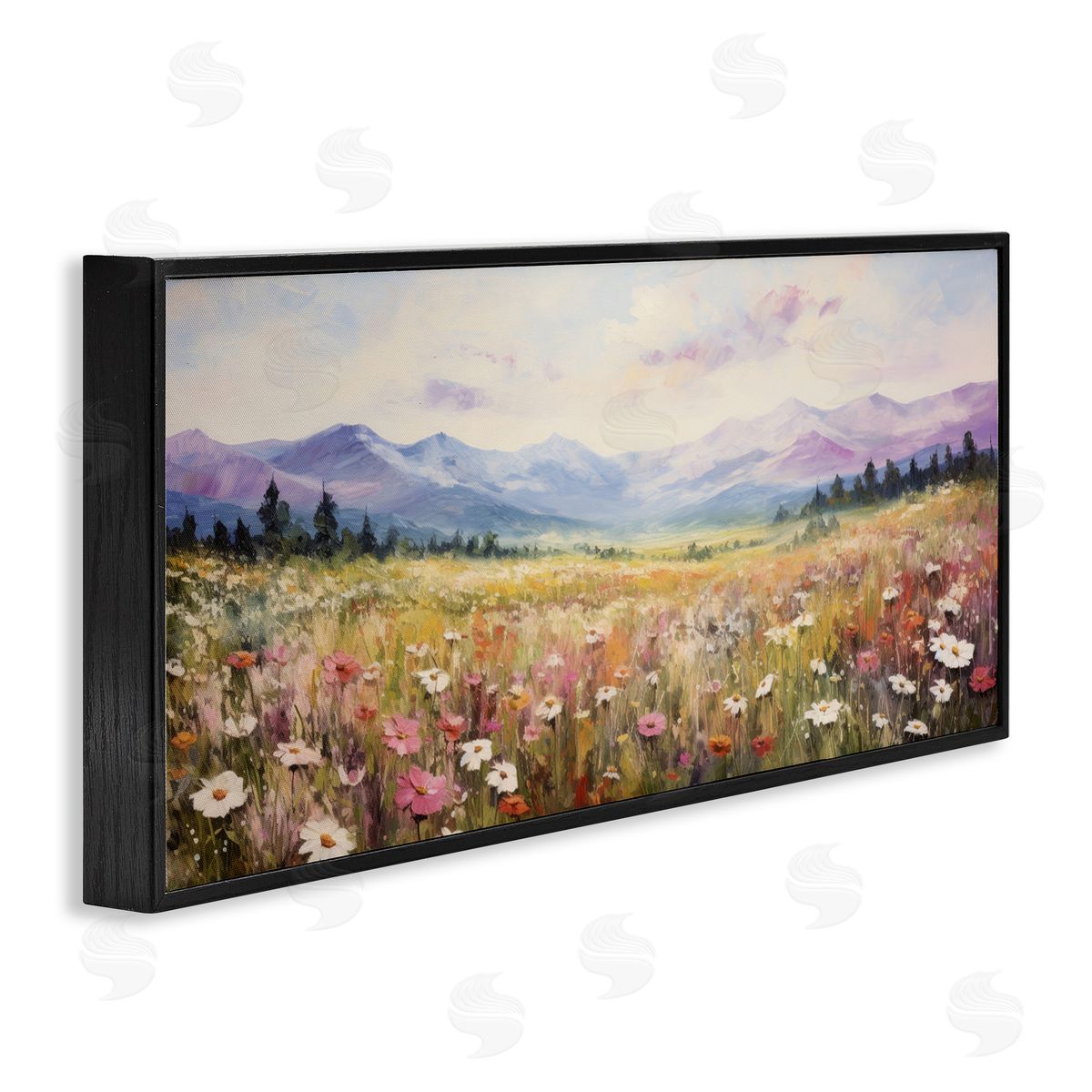 Mountainous Daisy Meadow Black Frame Print Wall Art, Home Decor by Petal Prints Design