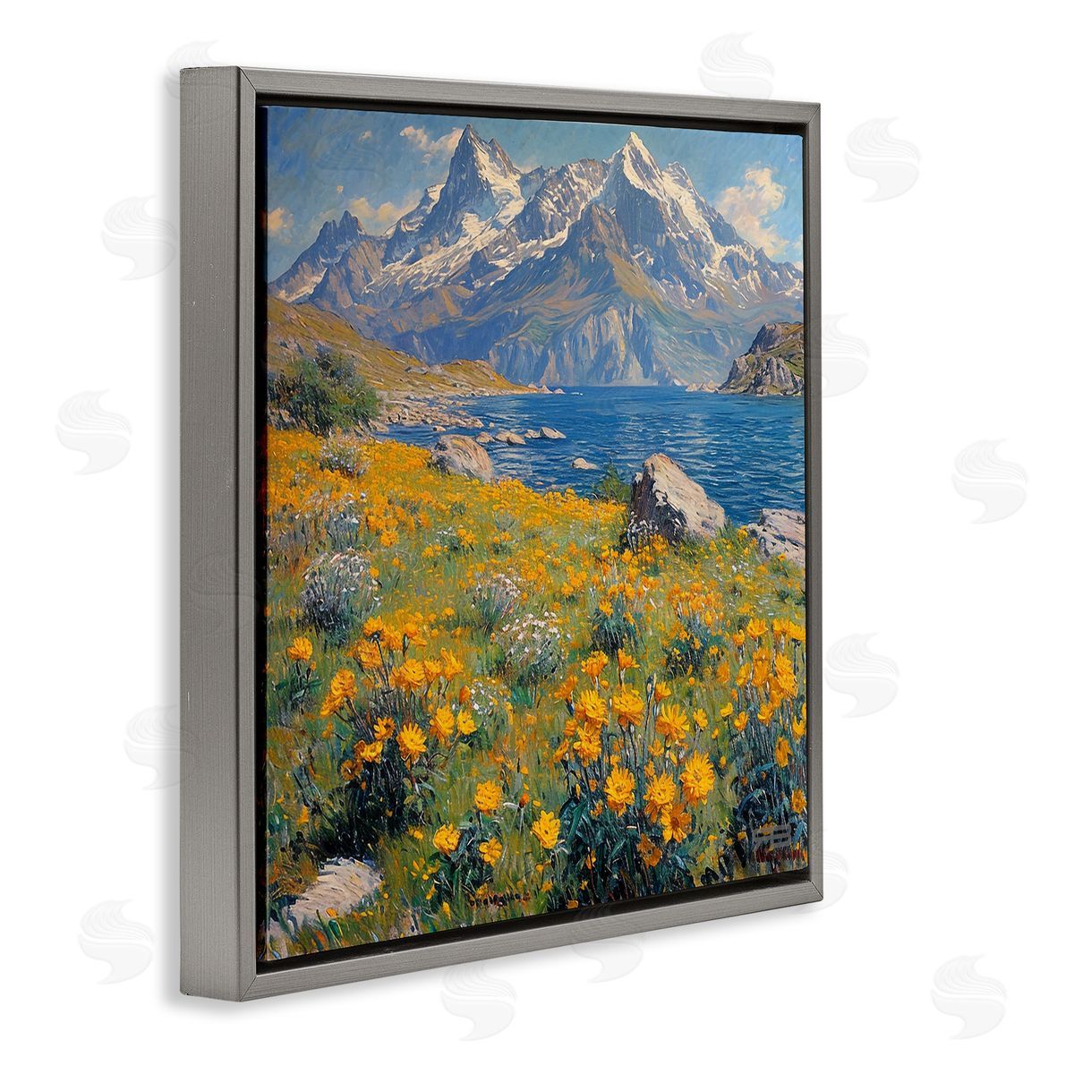 RB Mountain Daisy Meadow Gray Floating Frame Canvas Wall Art Print