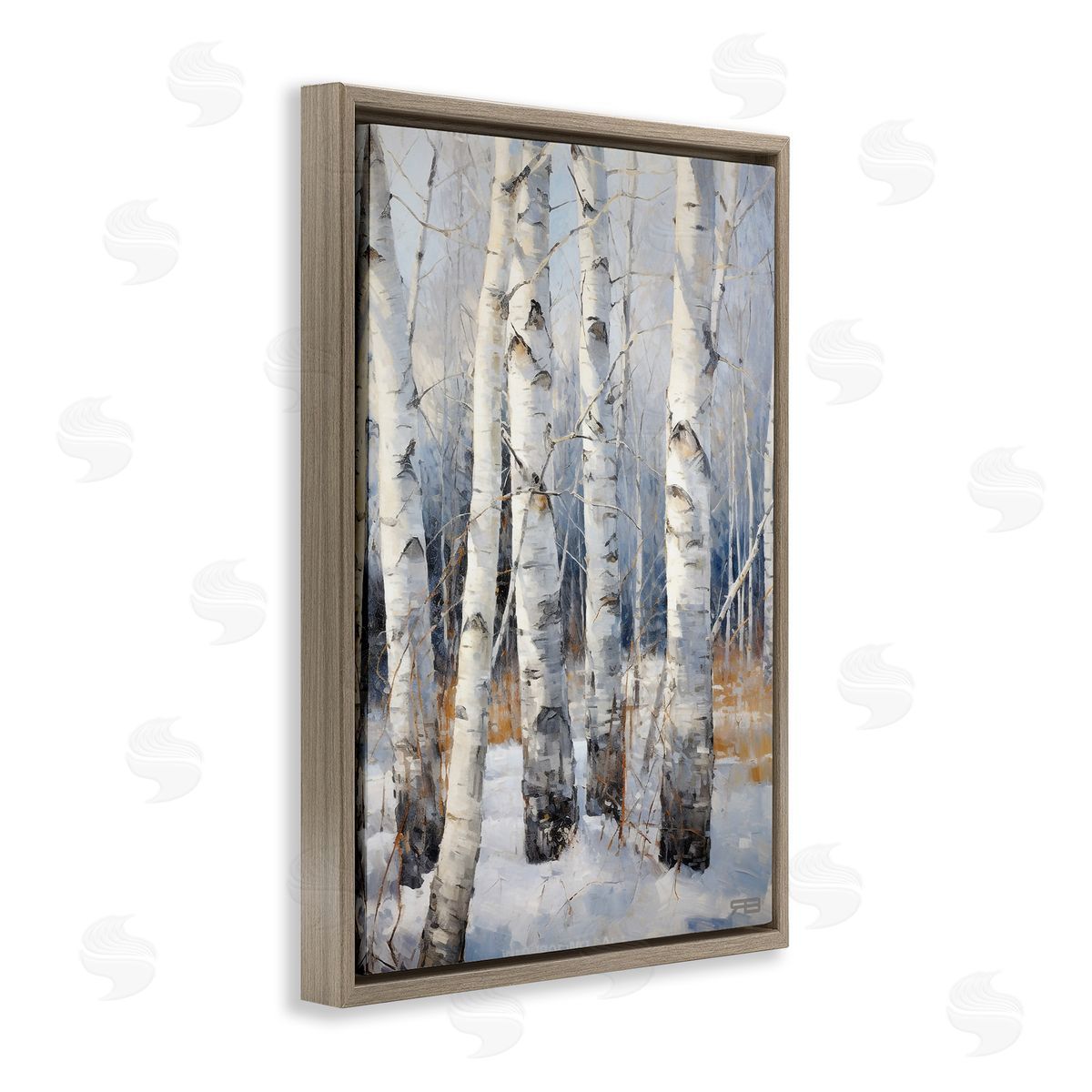 Snowy Birch Forest Brown Floating Frame Canvas Wall Art, Home Decor by Roozbeh Bahramali