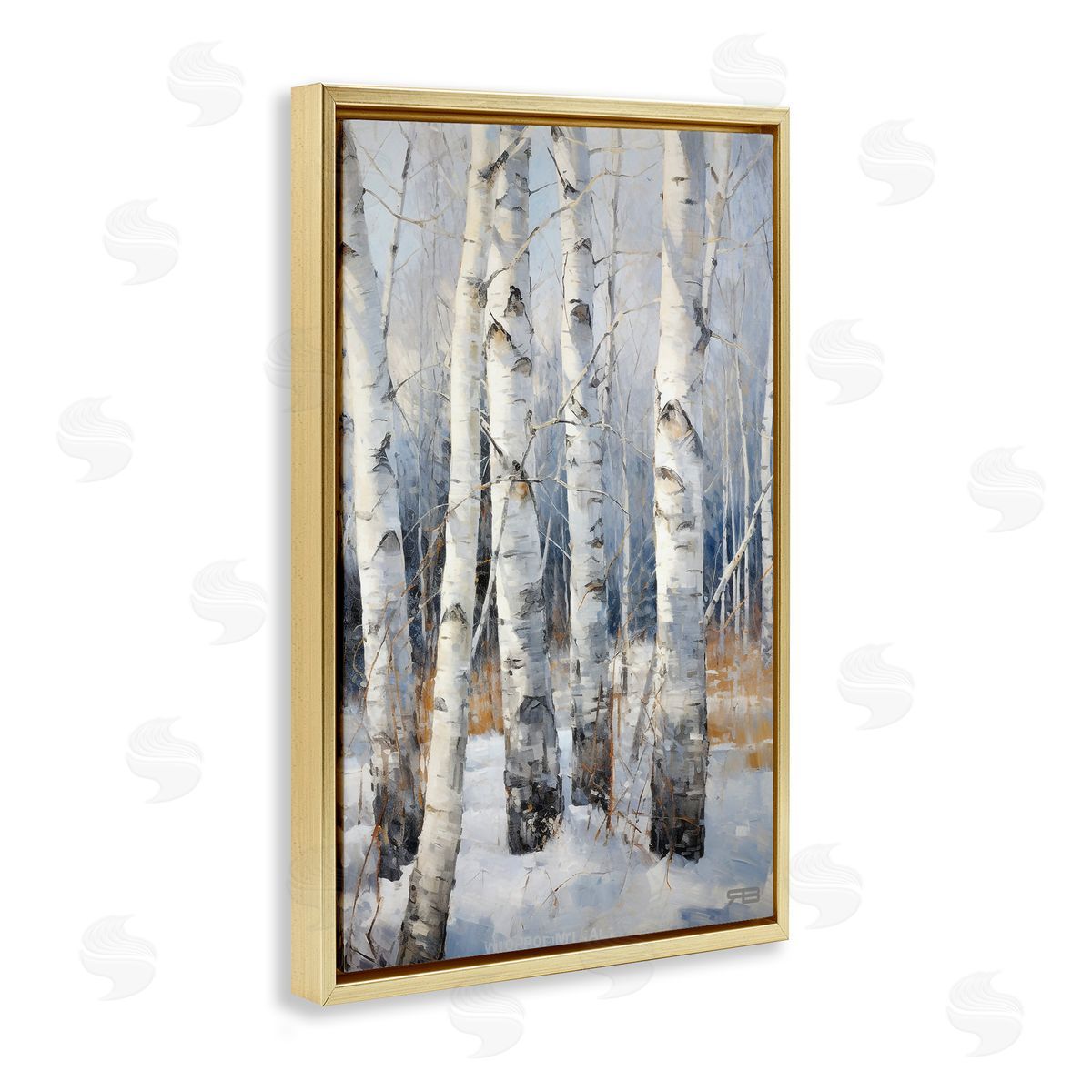 Snowy Birch Forest Gold Floating Frame Canvas Wall Art, Home Decor by Roozbeh Bahramali