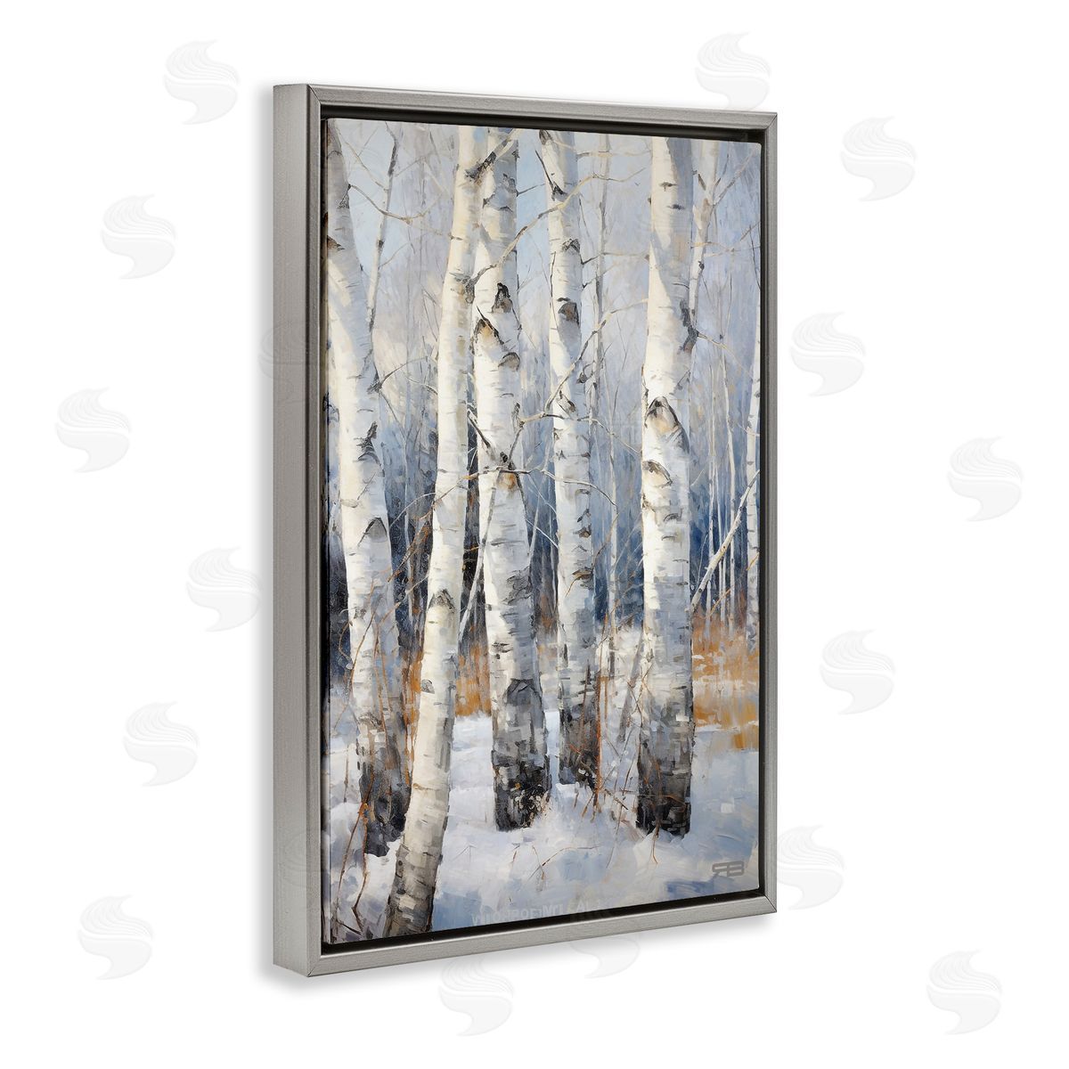 Snowy Birch Forest Grey Floating Frame Canvas Wall Art, Home Decor by Roozbeh Bahramali