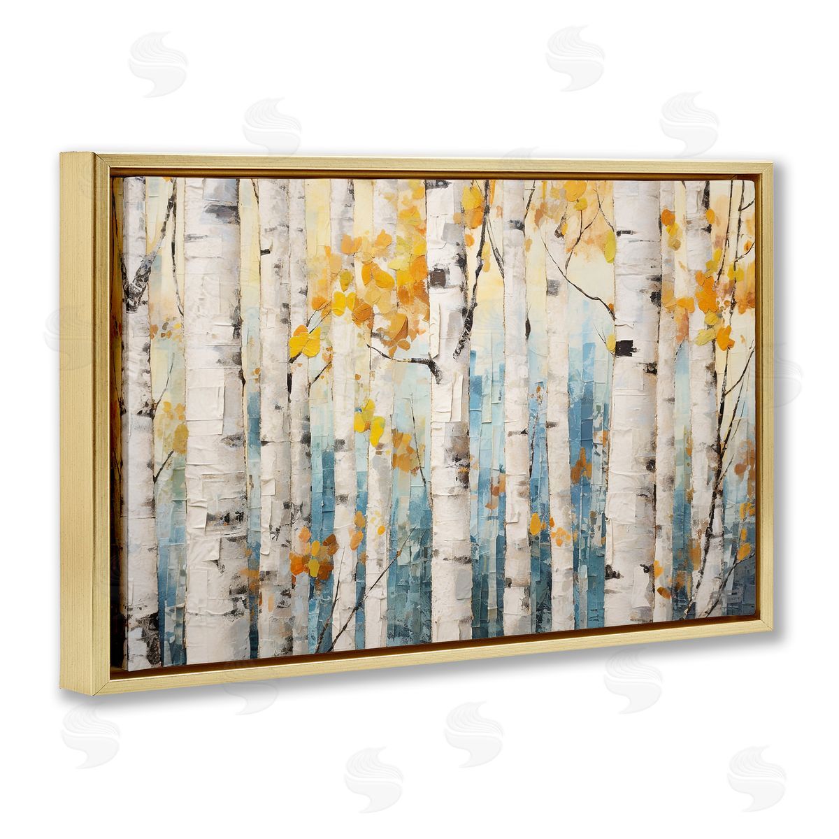 Autumn Birch Forest Gold Floating Frame Canvas Wall Art, Home Decor by Roozbeh Bahramali